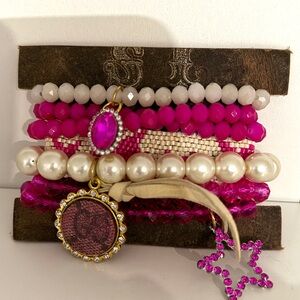 Chic Pink and White Beaded Bracelet Set